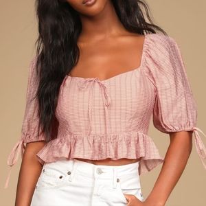 Coral Striped Puff Sleeve Peplum Crop Top